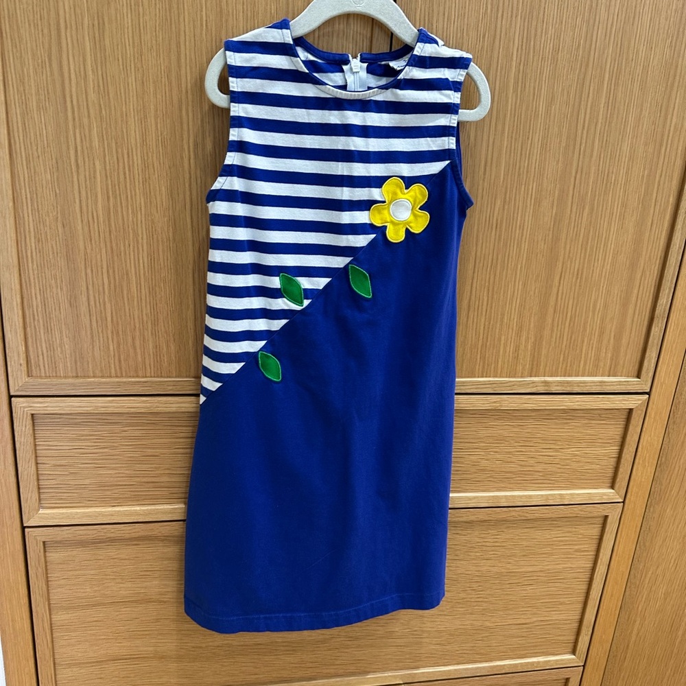 Florence Eiseman Navy Blue and White Striped Kids Dress with Yellow Flower